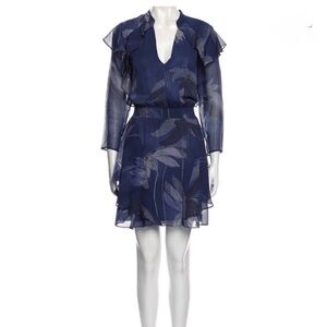 Halston Heritage Blue Floral V Neck Ruffle Silk Dress size 4